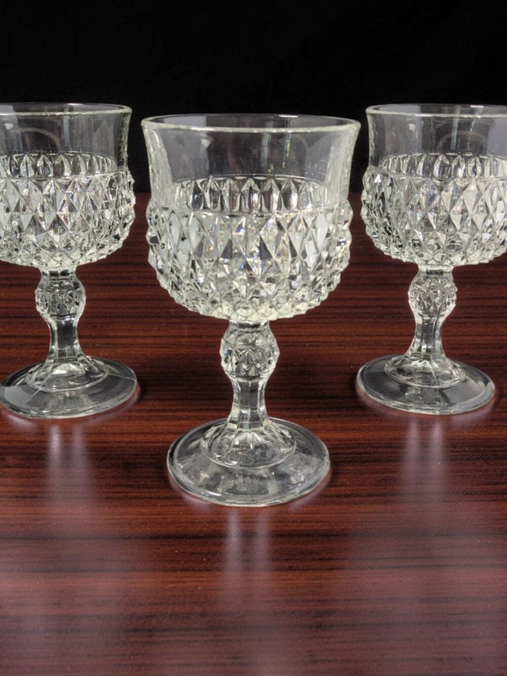 Vintage Set of 3 1960's Indiana Glass Diamond Point Clear Pedestal Wine Goblet.